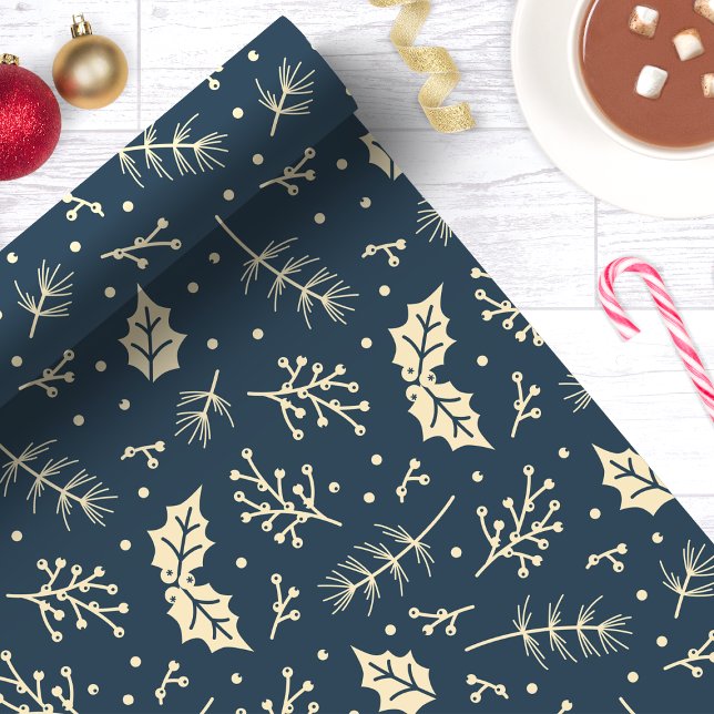 Papel De Presente Marinho Azul Folhagem Floral Natal Botânico (Criador carregado)