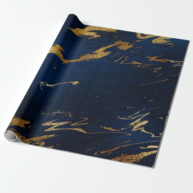 Papel De Presente Marinho Azul Marble Dourado na Terra Profunda (Desenrolado)