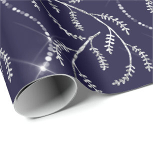 Papel De Presente Marinho azul Sparkly Laurel Floral Silver Diamante