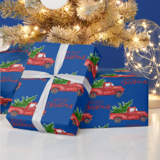 Papel De Presente Marinho Blue Red Truck Fatia de Natal