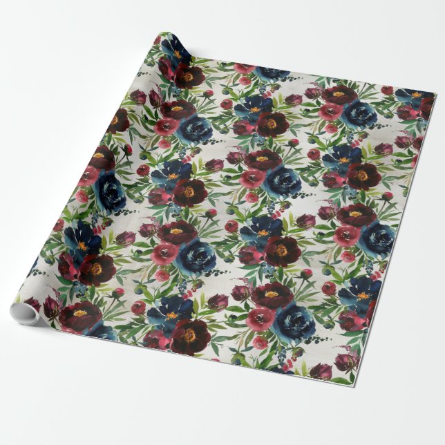Papel De Presente Marinho Bordeaux Peonies Blooming Garden Wrapap (Desenrolado)