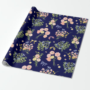 Papel De Presente Marinho Botânico Vintage Elegante Floral Rosa Esma