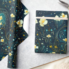 Papel De Presente Marinho Celestial Azul, Dourada Decoupage Floral