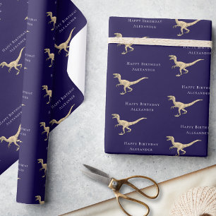 Papel De Presente Marinho de aniversário feliz personalizado Dinossa