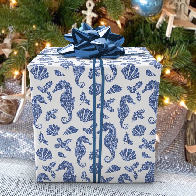 Papel De Presente Marinho de Natal Costeiro Glitter Azul (Criador carregado)