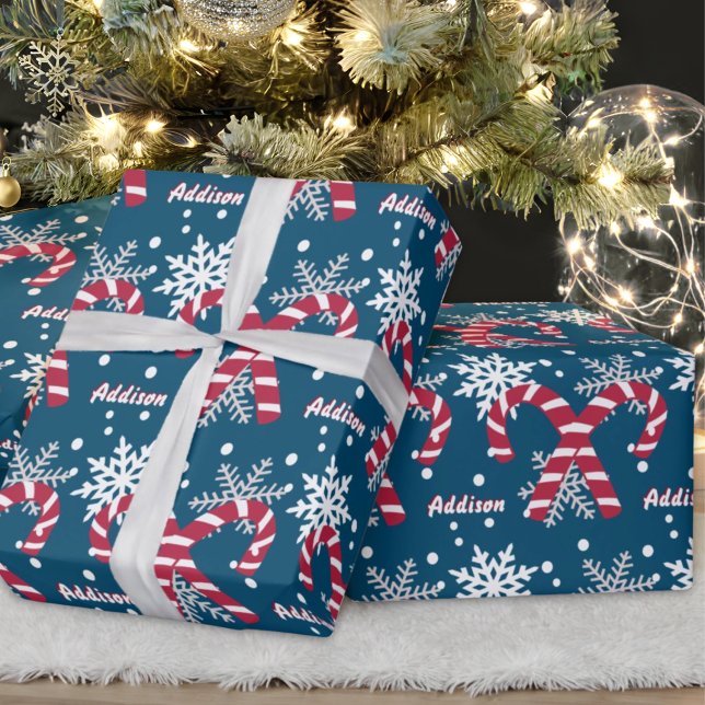 Papel De Presente Marinho de nome personalizado Snowflake Candy Cane (Criador carregado)