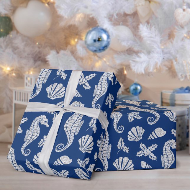 Papel De Presente Marinho de relva de natal costeira azul (Criador carregado)