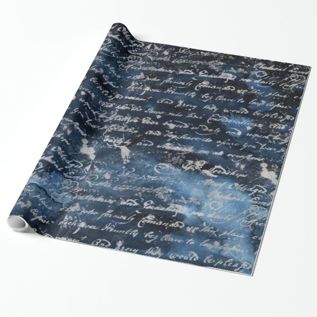 Papel De Presente Marinho de Script Prata Antigo Azul (Desenrolado)