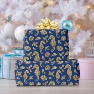 Papel De Presente Marinho Dourado do cavalo de praia natal, azul
