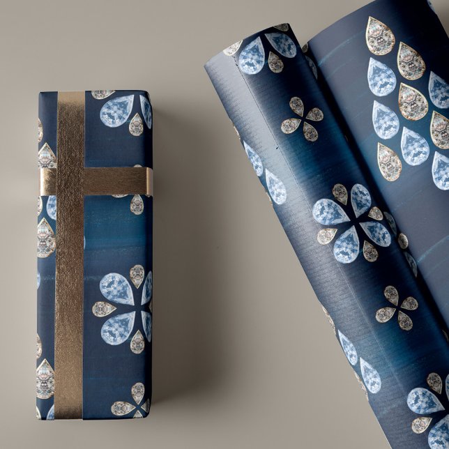 Papel De Presente Marinho Elegante Azul Aquarela Joias Árvores de Na (Elegant Navy Blue Watercolor Jewels Christmas tree Wrapping Paper)