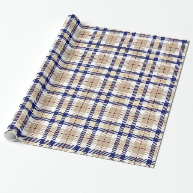 Papel De Presente Marinho Khaki Blue Burgundy White XL Xadrez Tartan (Desenrolado)