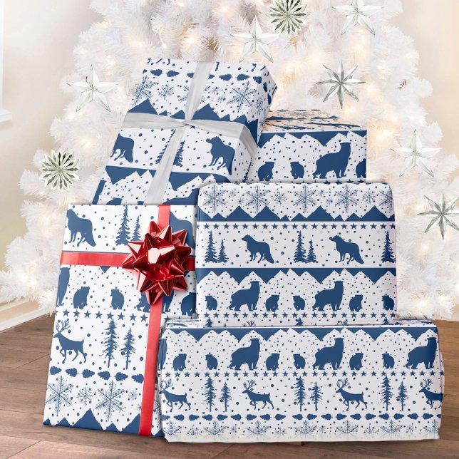 Papel De Presente Marinho Nórdico Sueco Azul Animais de inverno Bran (Nordic Sweater Theme White & Blue Winter Animals Christmas Holiday Wrapping Paper Rolls)