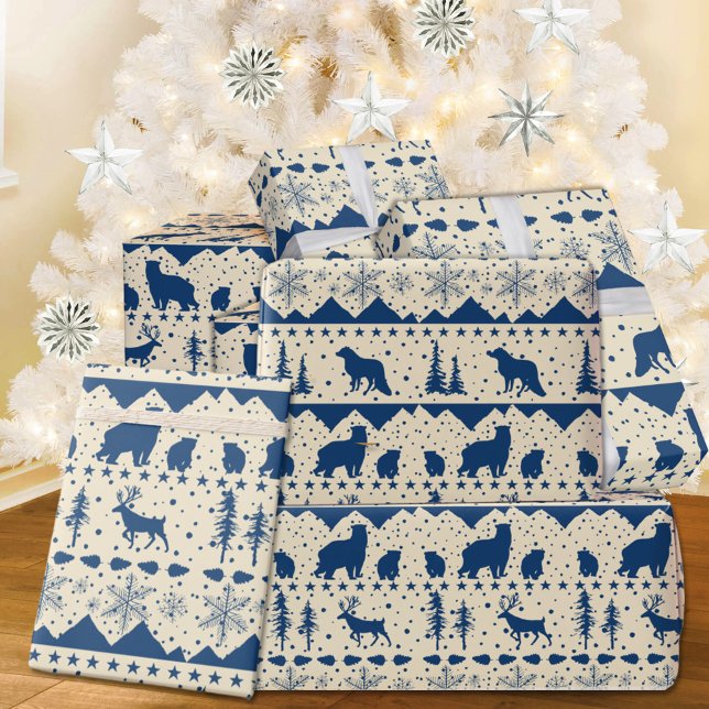 Papel De Presente Marinho Nórdico-Suéter Azul Porcos de inverno (Nordic Sweater Creamy White & Blue Winter Animals Christmas Holiday Wrapping Paper Rolls)