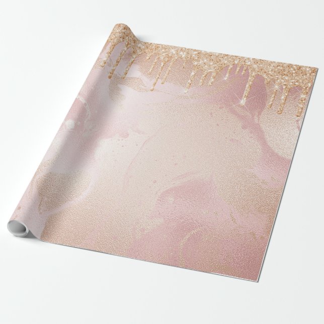 Papel De Presente Mármaco de Blush Rosegold com Glitter Glitter Dour (Desenrolado)