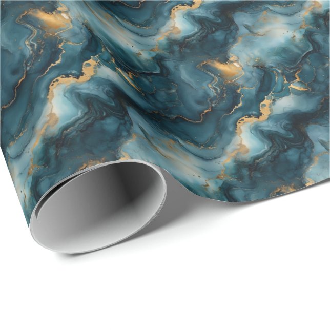 Papel De Presente Mármore Azul Escuro e Dourado (Ponta do rolo)