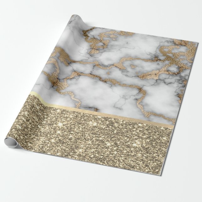Papel De Presente Mármore Branco Brilhante Glitter Dourado Elegante  (Desenrolado)