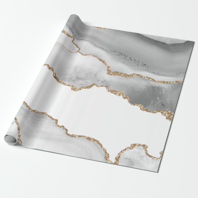 Papel De Presente Mármore Branco Cinza Ágata Refined Brilho Dourado (Desenrolado)
