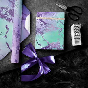 Papel De Presente Mármore Chic Lavanda Roxo e Verde Musgo