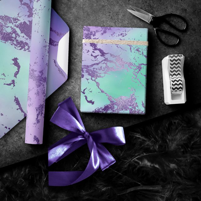 Papel De Presente Mármore Chic | Lavanda Roxo e Verde Musgo (Criador carregado)