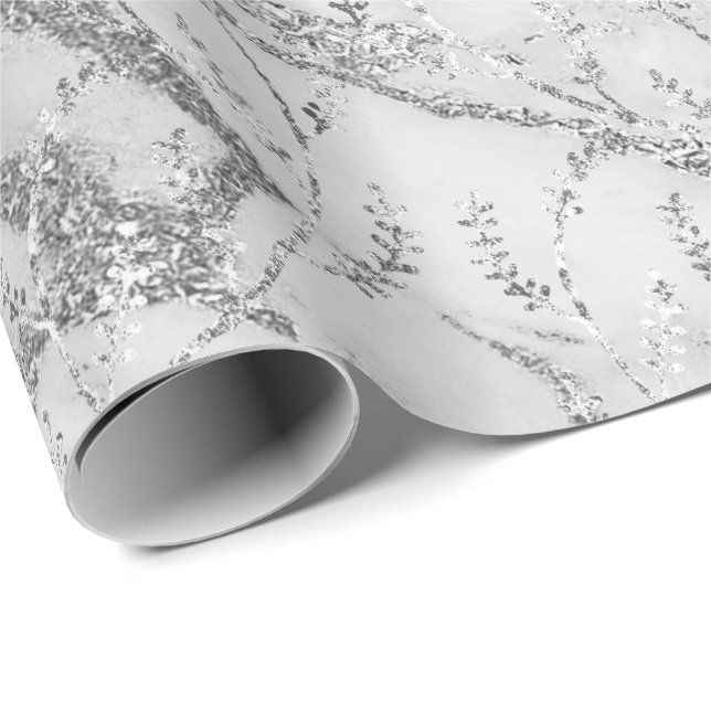 Papel De Presente Mármore Cinza Prata Branco Floral Folha Louro (Ponta do rolo)