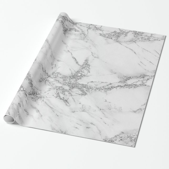Papel De Presente Mármore de prata cinzento branco chique elegante (Desenrolado)