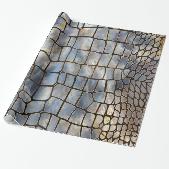 Papel De Presente Mármore de textura Faux Crocodilo e ouro (Desenrolado)