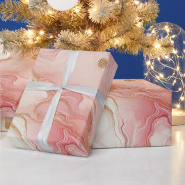 Papel De Presente Mármore em Folha de Ouro Rosa e Rosa Elegante