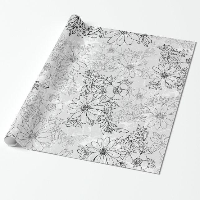 Papel De Presente Mármore floral preto branco-vivo, velho, (Desenrolado)