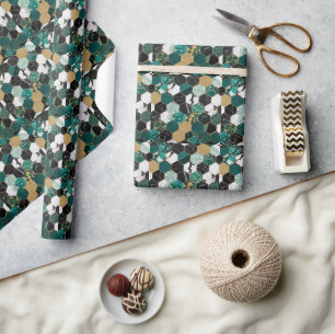 Papel De Presente Mármore Geométrico Elegante, Dourado e Preto