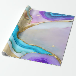 Papel De Presente Mármore Granito Pedra Azul Violeta Dourado na Moda