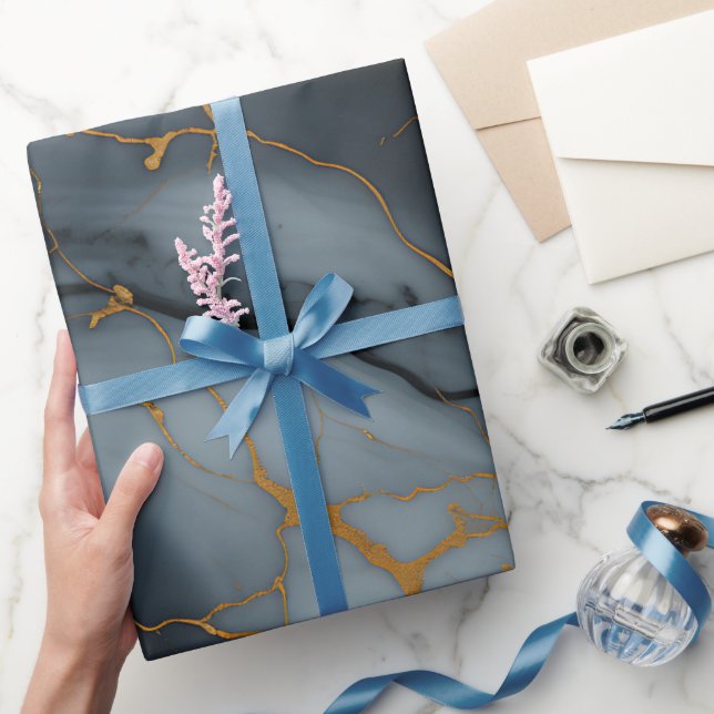 Papel De Presente Mármore Ônix Fumê com Veias Douradas (Presentear)