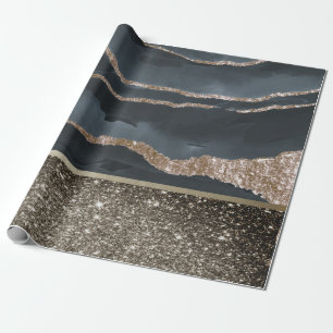Papel De Presente Mármore Preto Brilhante Glitter Dourado Elegante e