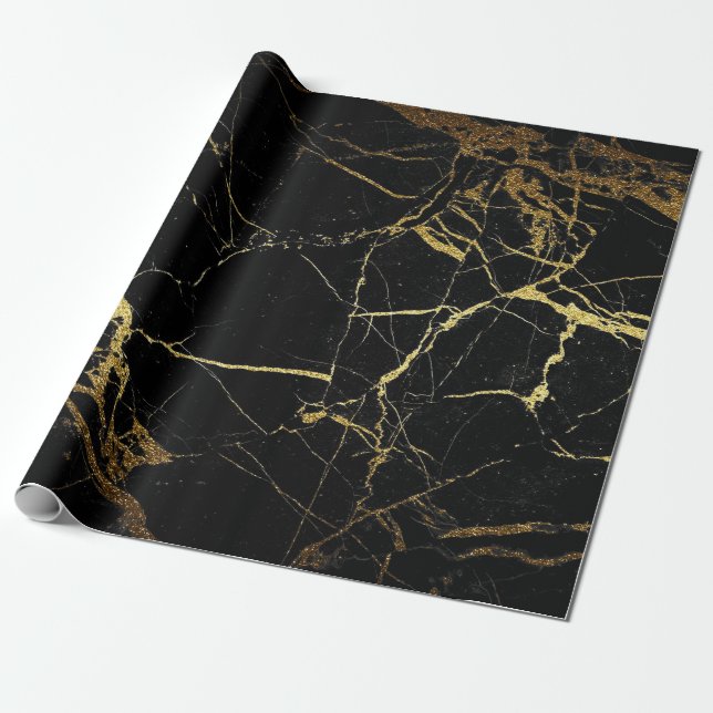 Papel De Presente Mármore Preto E Dourado (Desenrolado)