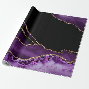 Papel De Presente Mármore Preto Violeta Ágata Escuro Glamour Dourado