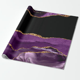 Papel De Presente Mármore Preto Violeta Ágata Glam Glitter Dourado
