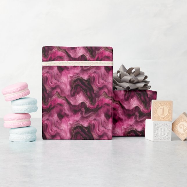 Papel De Presente Mármore Rosa Escuro e Dourado (Chá de bebê)