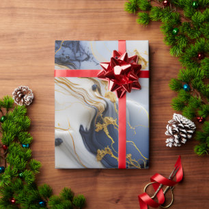Papel De Presente Mármore Safira da Meia-Noite com Fios de Ouro