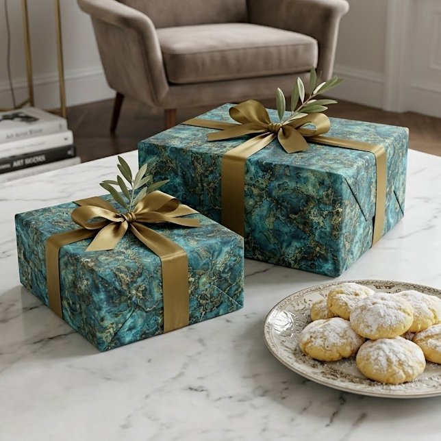 Papel De Presente Mármore Verde Turquesa Ágata Falso Ouro Padrão Art (Criador carregado)