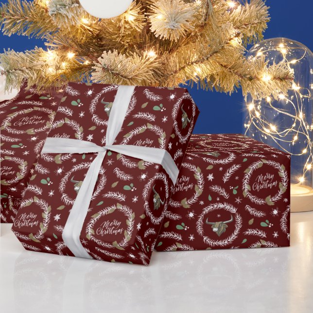 Papel De Presente Maroon Longhorn Bull em Fúria de Natal (Feriados)