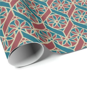Papel De Presente Maroon, Padrão Étnico Teal, Flores, Cevrons