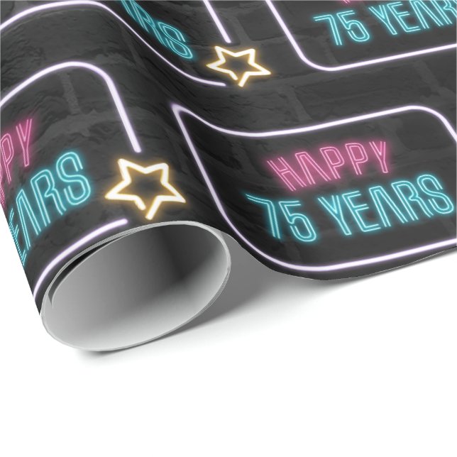 Papel De Presente Marquee Neon 75th Birthday No Papel De Embalagem D (Ponta do rolo)