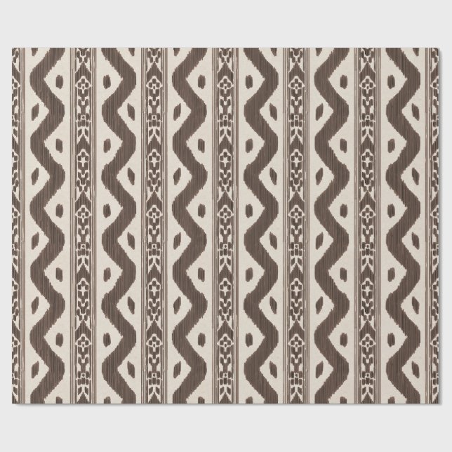 Papel De Presente Marrom Chocolate Ikat, Listra Tecida em Creme (Aberto)