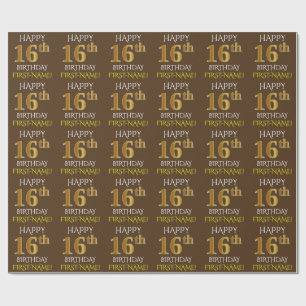 Papel De Presente Marrom, Faux Dourado "16º ANIVERSÁRIO FELIZ"