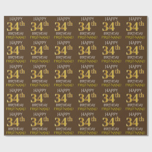 Papel De Presente Marrom, Faux Dourado "FELIZ 34 ANOS"