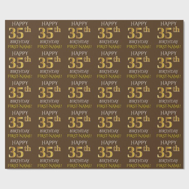 Papel De Presente Marrom, Faux Dourado "FELIZ 35 ANOS" (Aberto)