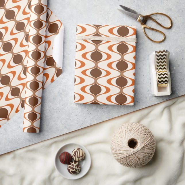 Papel De Presente Marrom Laranja Queimado Bege Ogee Padrão de Onda (Artesanato)