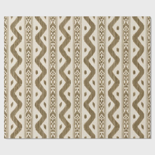 Papel De Presente Marrom Toscano Ikat, Listra Tecida em Creme (Aberto)