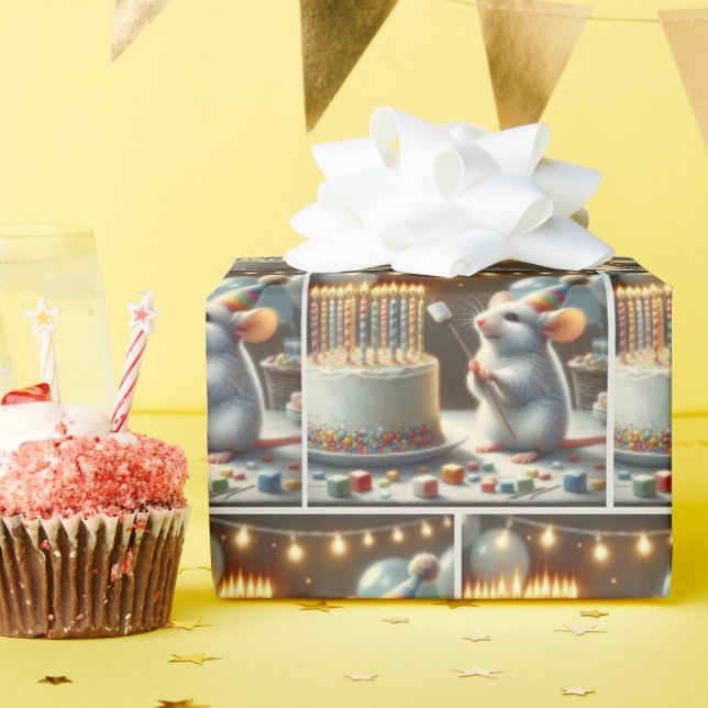 Papel De Presente Marshmallow de Rato e Bolo de Aniversário (Festa de aniversário)