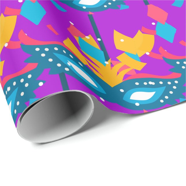 Papel De Presente Máscara de Mardi Gras e Confete em Roxo (Ponta do rolo)