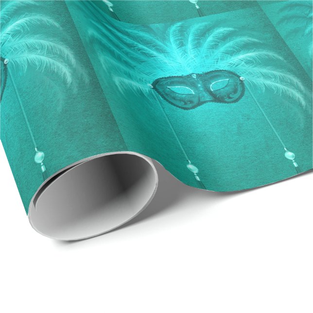 Papel De Presente Máscara de mascarada com pena, elegante teal vinta (Ponta do rolo)